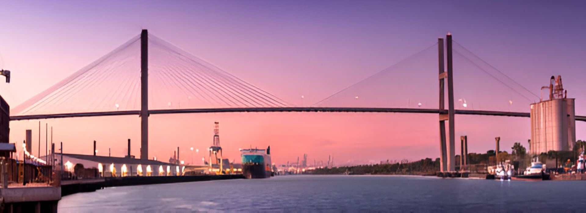 A large ship in the water under a bridge.